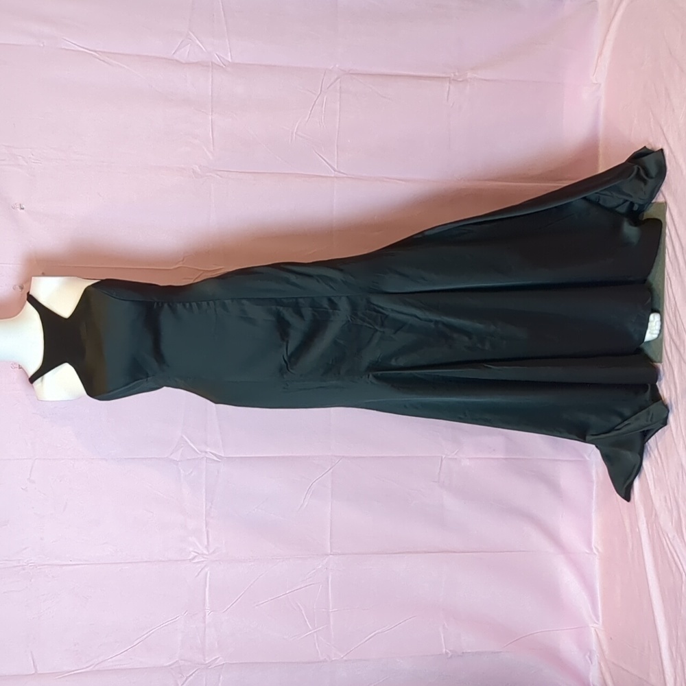 Hebeos Black Satin Backless Ruffle Back Formal Prom Dress with Train